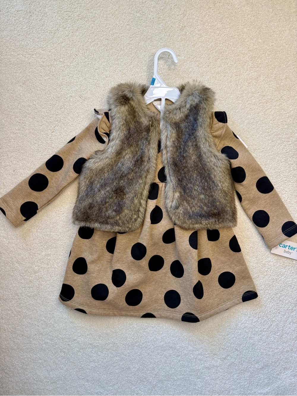 Carter's Tan Polka Dot Dress with Faux Fur Vest - Black Dots